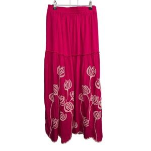 Laffaire Boho Embroidered Pink Maxi Skirt Womens Medium Elastic Waist Festival